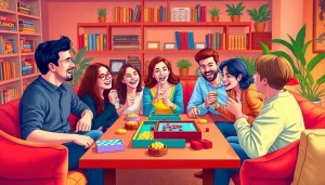 Friends enjoying exciting games to play with friends around a colorful table in a cozy living room.