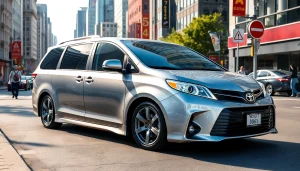 Showcase a custom Toyota Sienna parked in an urban setting, highlighting its modern design.