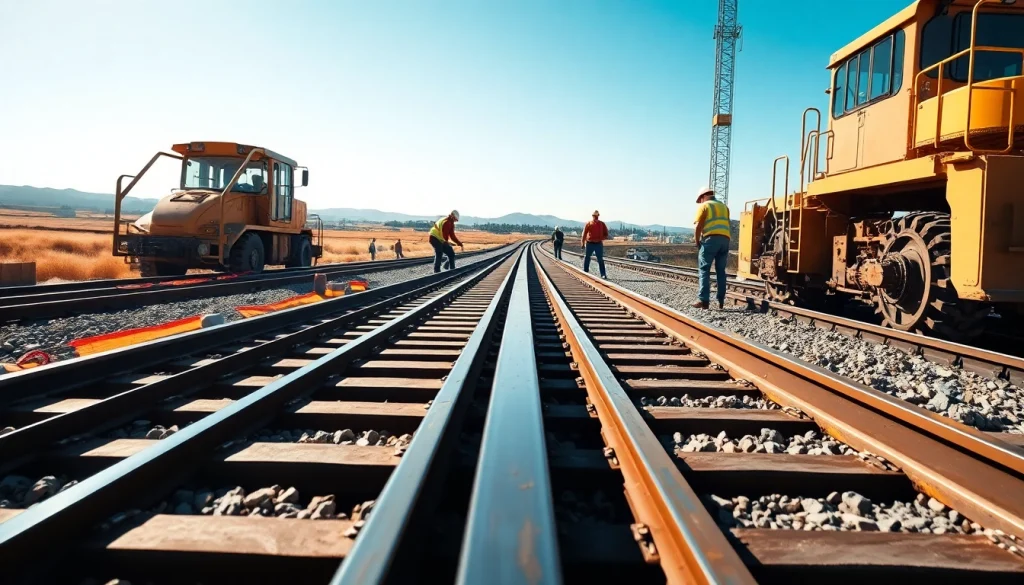Workers collaborating on a railroad track construction site, highlighting services of Railroad Track Construction Company.