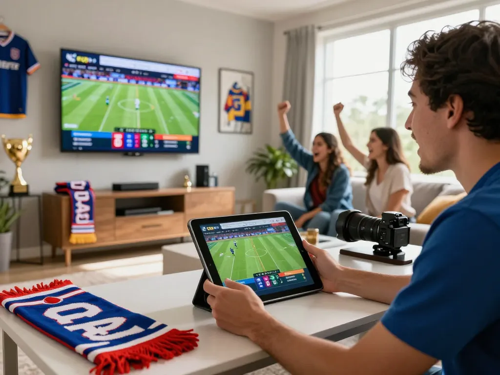 A football fan engaged with real-time KQBD updates while surrounded by team memorabilia and friends, showcasing the excitement of live sports.