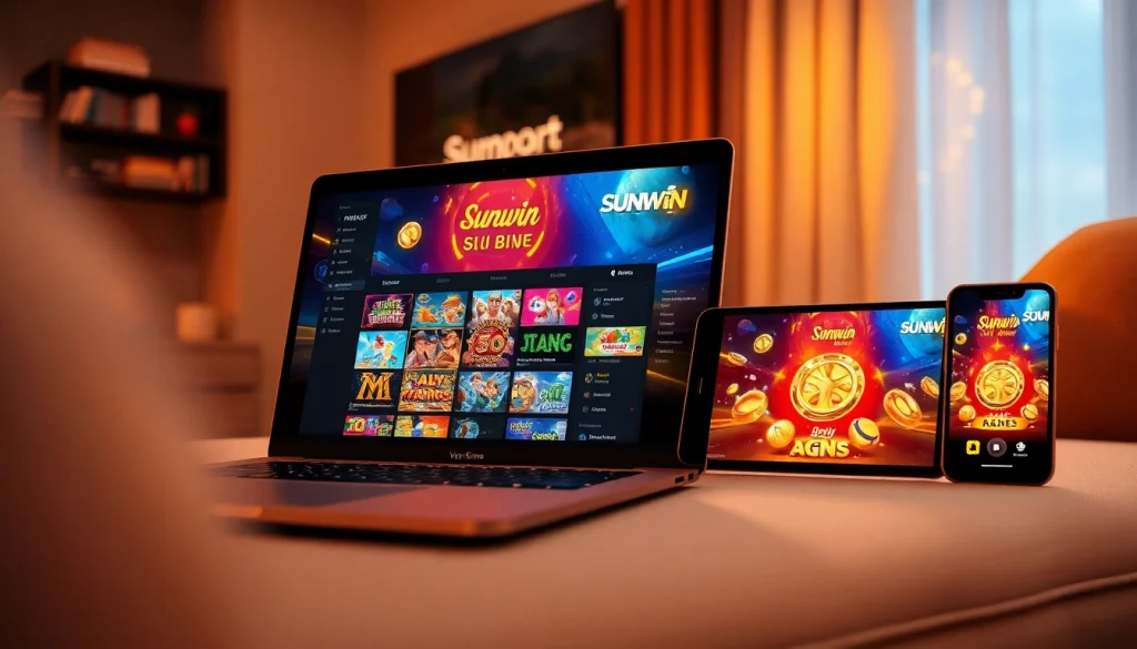 Explore the engaging Sunwin gaming environment with vibrant visuals, showcasing an online gaming platform on multiple devices.