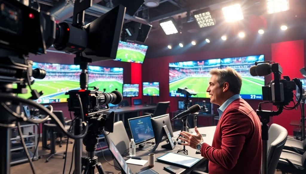 Captivating sports broadcasting studio featuring a broadcaster, vibrant screens, and high-tech equipment.
