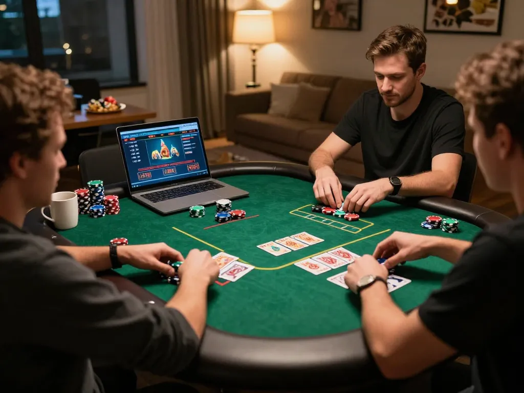 Experience high-stakes online gambling at https://www.dacsandatphanrang.com/, with players engaged at a dynamic poker table in a cozy home setting.