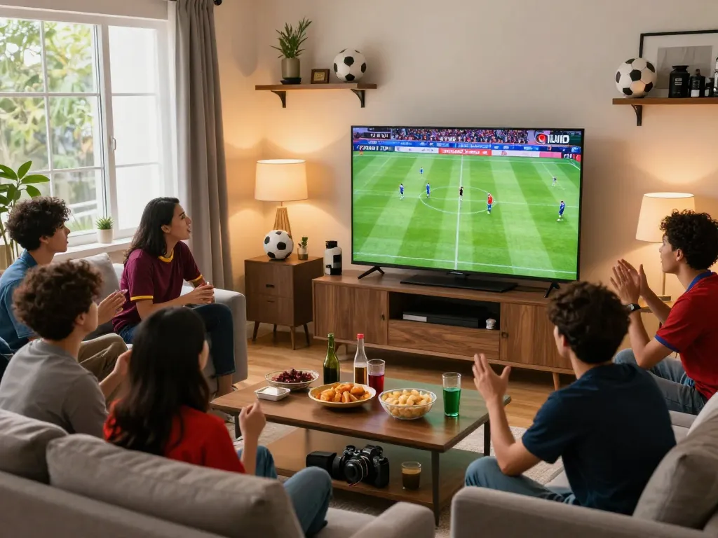 CakhiaTV soccer match streaming in Full HD with fans enjoying the experience in a cozy living room.