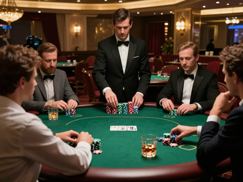 VA88 poker players strategizing during a high-stakes game in a luxurious casino.