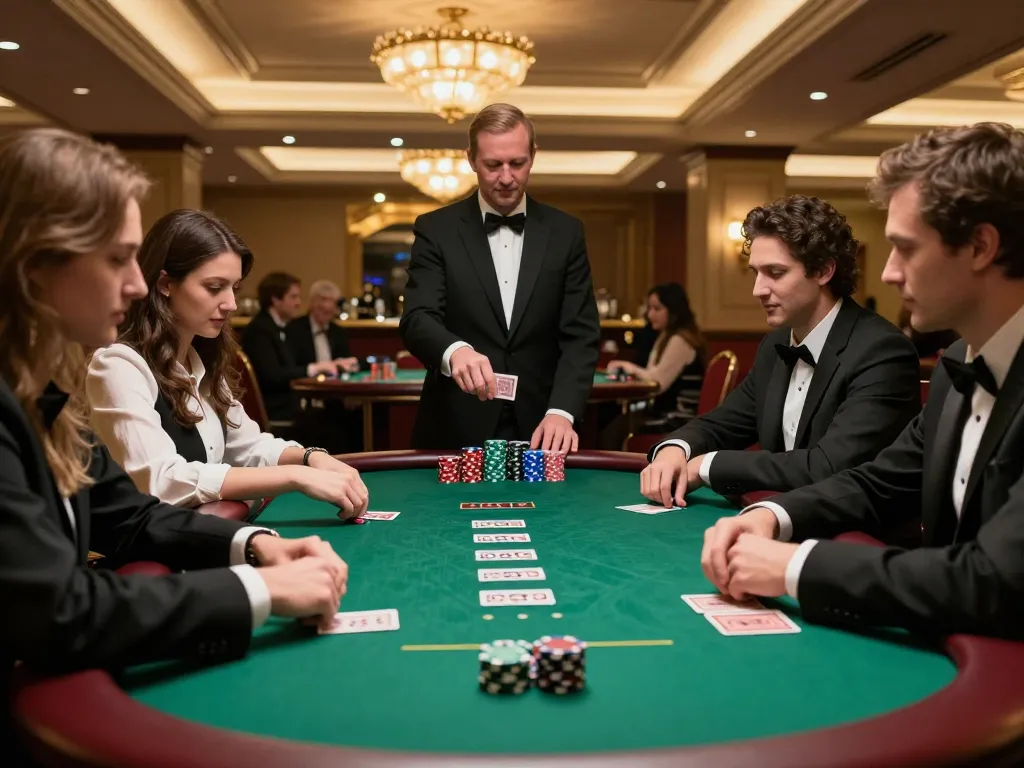 Players strategizing in a high-stakes poker game at a casino, featuring du88 chip stacks and dealer action.