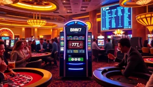 Bmw777 Link showcasing a vibrant, luxurious casino atmosphere with players engaging in excitement.