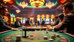 Gamblers at a luxury poker table using the MV88 microphone for crisp audio capture in the casino environment.