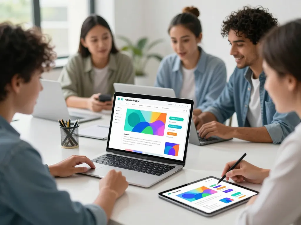 Collaborative team using an ai website builder in a modern workspace, showcasing creativity and innovation.