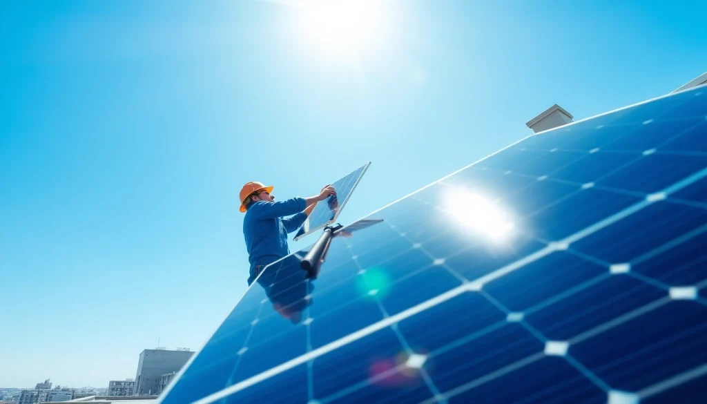 Installers working on renewable energy solutions with solar panels on a city rooftop.