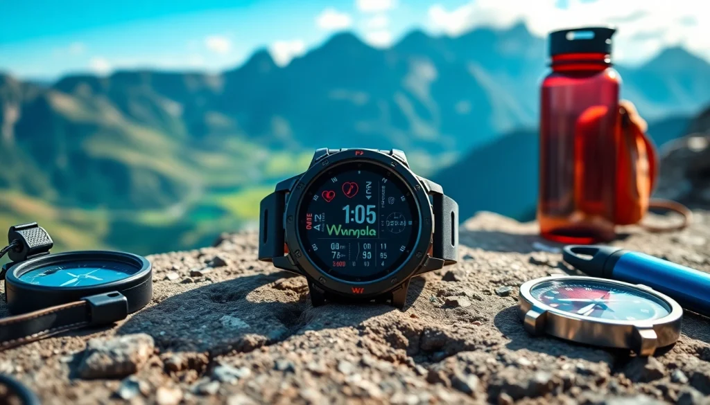 Showcasing an Explorer GPS Smart Watch displaying fitness stats in a natural outdoor setting.