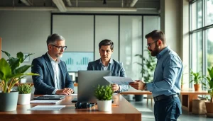 CYB Environmental consultants engaged in office analysis with digital displays.