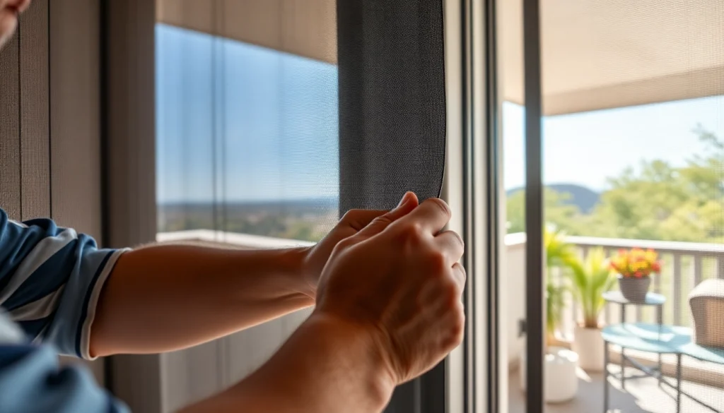 Moskitiery na drzwi balkonowe prezentowane w nowoczesnym otoczeniu na balkonie.