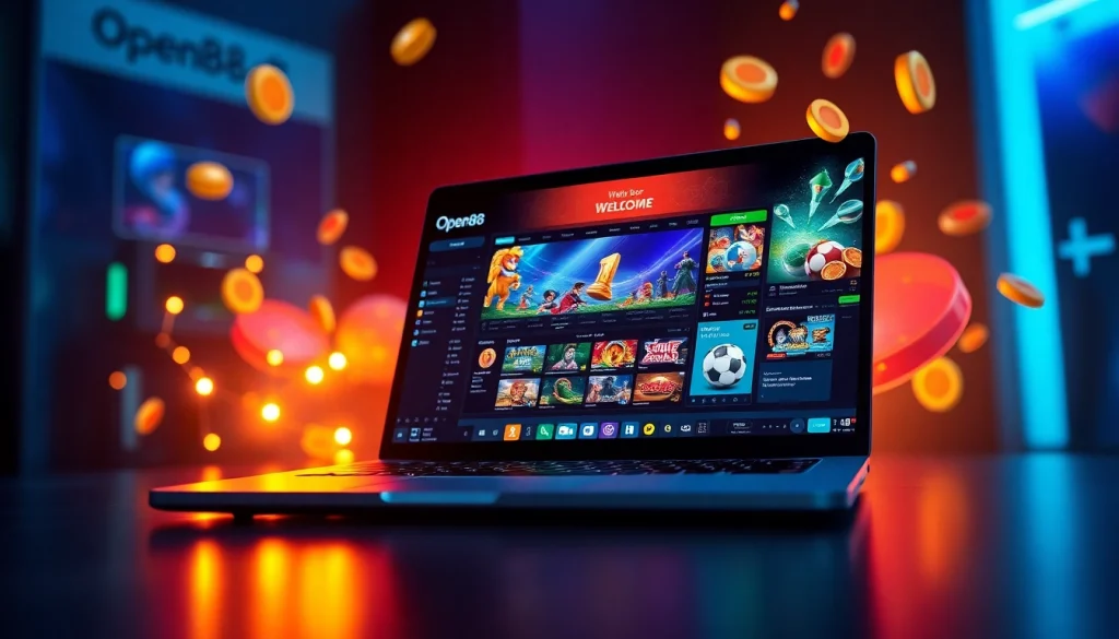 Open88 online gaming experience showcasing a user engaging with vibrant casino game graphics.