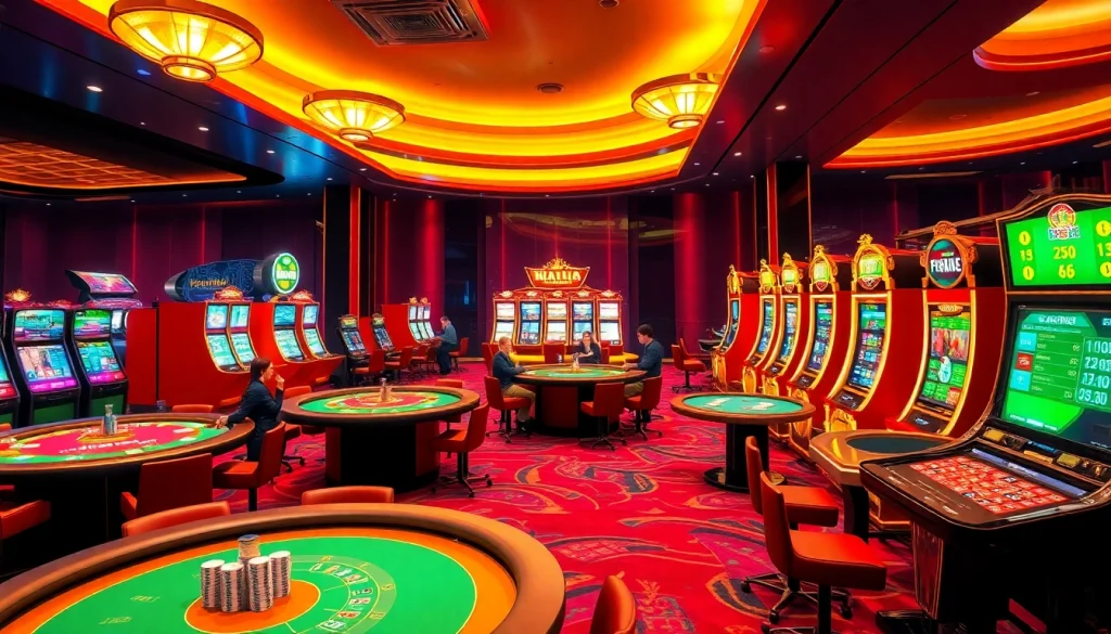 Ambiance de casino en ligne excitante avec des tables vibrantes et des machines à sous montrant l'action de jeu.