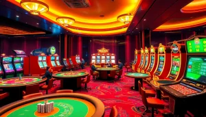 Ambiance de casino en ligne excitante avec des tables vibrantes et des machines à sous montrant l'action de jeu.