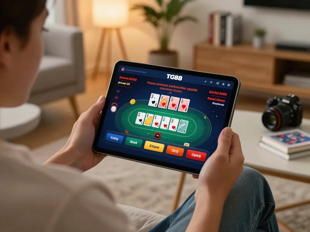 TG88 player engaging in a strategic poker game online from a cozy home setting