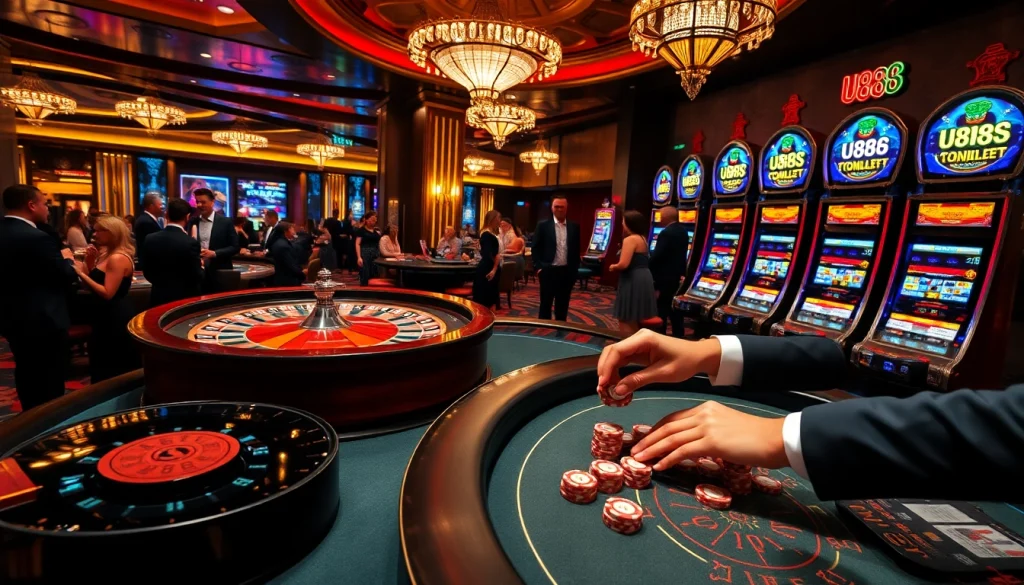 Engaged players enjoying u888 at an upscale casino with lively gambling tables and slot machines.