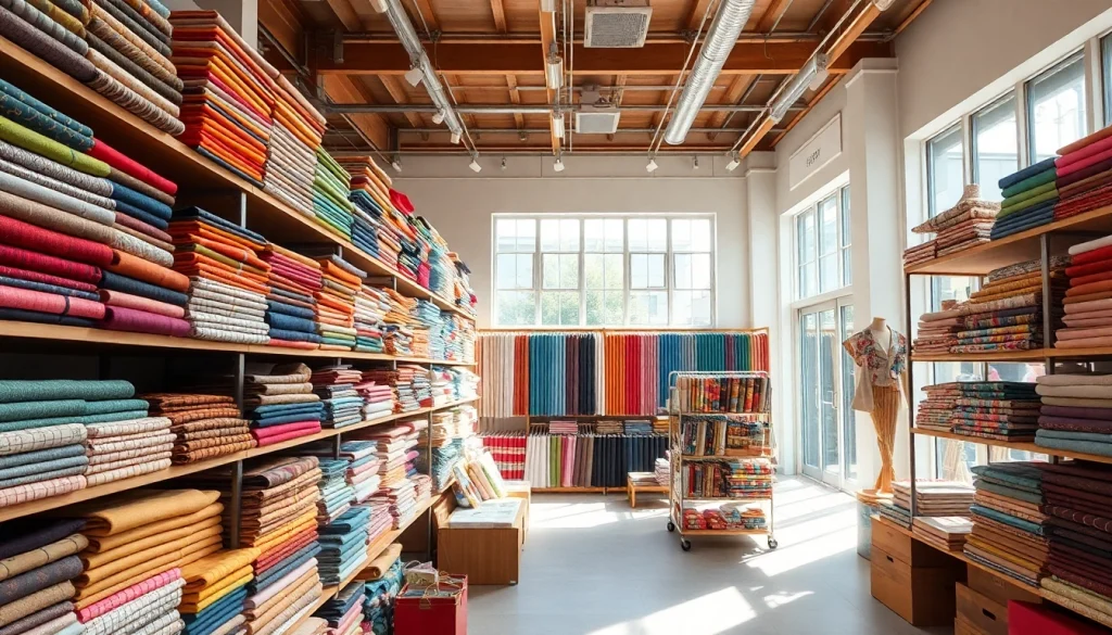 Bekijk stoffen webshop nederland met kleurrijke en gevarieerde stoffen in een moderne winkel.