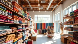 Bekijk stoffen webshop nederland met kleurrijke en gevarieerde stoffen in een moderne winkel.