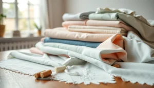 Katoen stoffen assortiment met diverse stoffen en accessoires op een tafel.