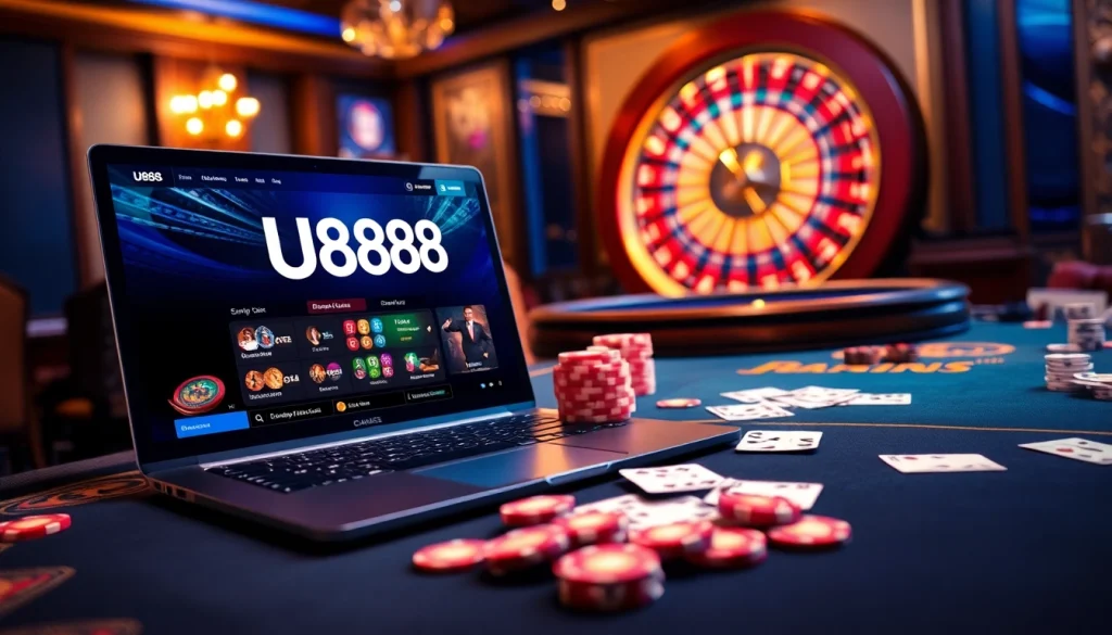 Gamblers enjoying interactive games at U888 online casino, showcasing vibrant tables and roulette wheel.