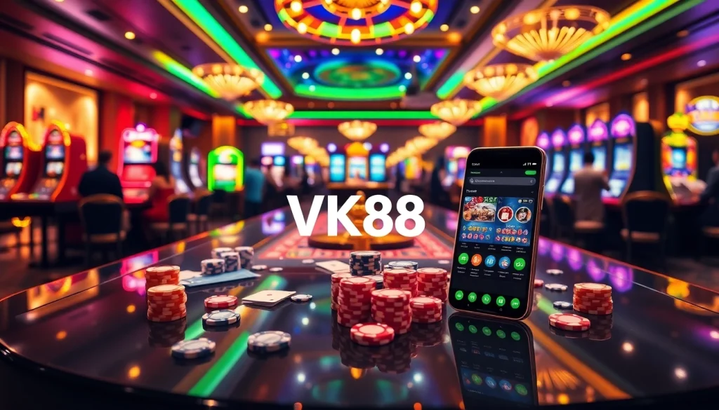 Gamblers enjoying a vibrant scene at VK88 casino with poker chips and neon slot machines.