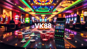 Gamblers enjoying a vibrant scene at VK88 casino with poker chips and neon slot machines.