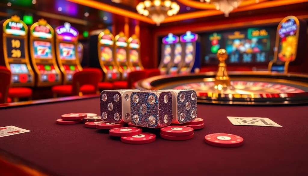 Tài Xỉu MD5 online gambling interface featuring dice, poker chips, and a roulette wheel.
