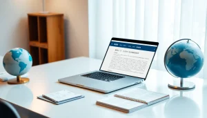 Explore a modern translation workspace showcasing 有道翻译 with a laptop and global communication elements.