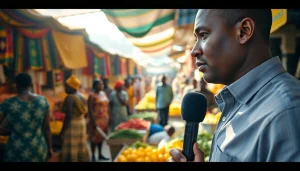 Engaging scene of Kenya News Today reporting from a lively marketplace