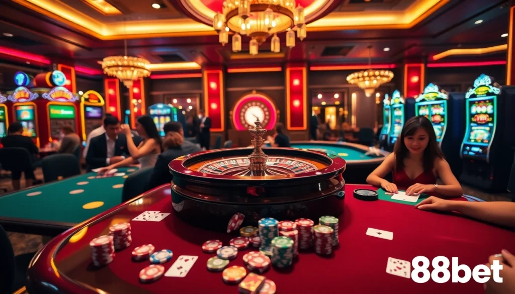 Captivating casino scene showcasing vibrant games and players in action at trang chủ 88bet.