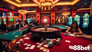 Captivating casino scene showcasing vibrant games and players in action at trang chủ 88bet.