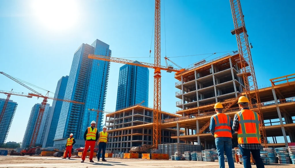 Captivating Texas construction news visualizes dedicated workers and skyscrapers, symbolizing industry growth.