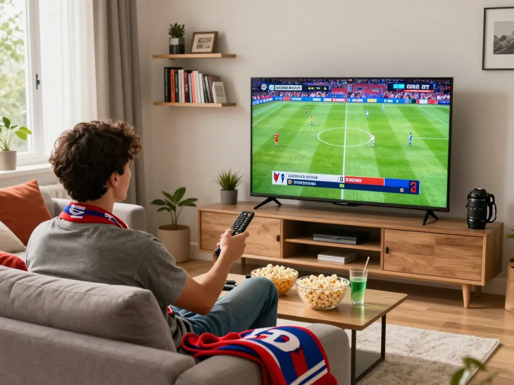 Male soccer fan enjoying live match on https://cakhiatv.design/ in cozy living room setting, vibrant and engaging atmosphere.