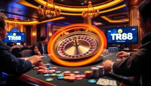 Players enjoying online gambling at a TR88 casino table with vibrant poker chips and a roulette wheel.