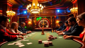 Joueurs engagés à une table de poker de casino en ligne montrant un jeu professionnel et des jetons vibrants.