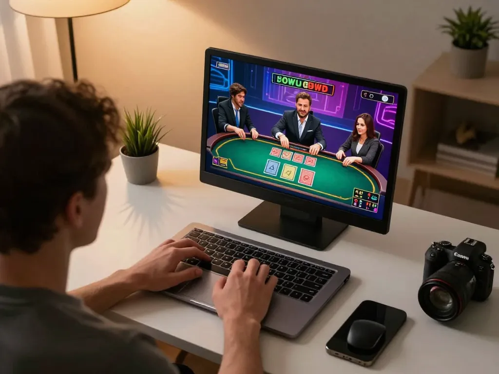 Engage in strategic online gaming at https://n188.build/ with a laptop showing live dealer gameplay and vibrant atmosphere.