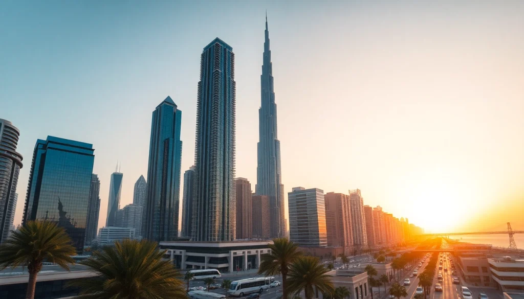 Experience the vibrant cityscape of Citylife Dubai with iconic skyscrapers and bustling streets at sunset.