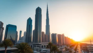 Experience the vibrant cityscape of Citylife Dubai with iconic skyscrapers and bustling streets at sunset.