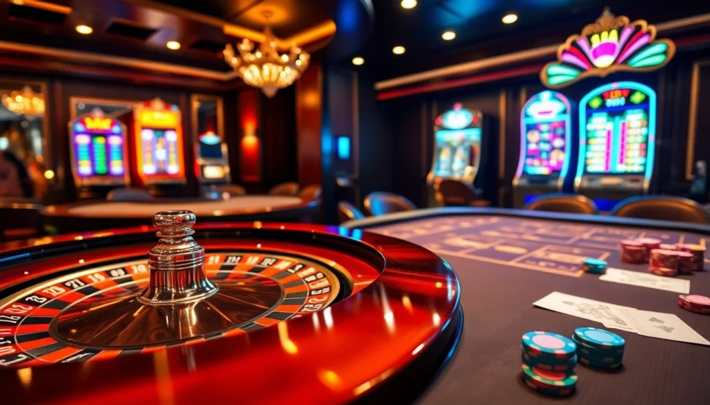 Vivez l'excitation du casino en ligne avec une table de roulette vibrante et des jetons de poker.