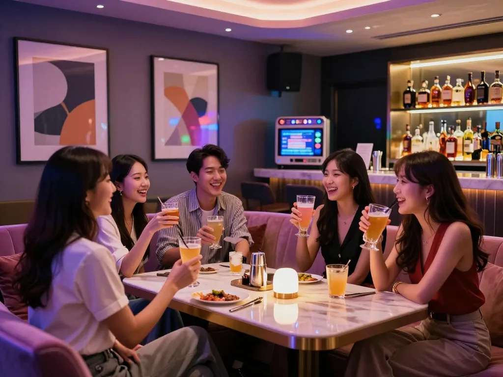 Group of friends enjoying a luxurious 강남쩜오 night out in a stylish karaoke room with vibrant ambiance and premium drinks.