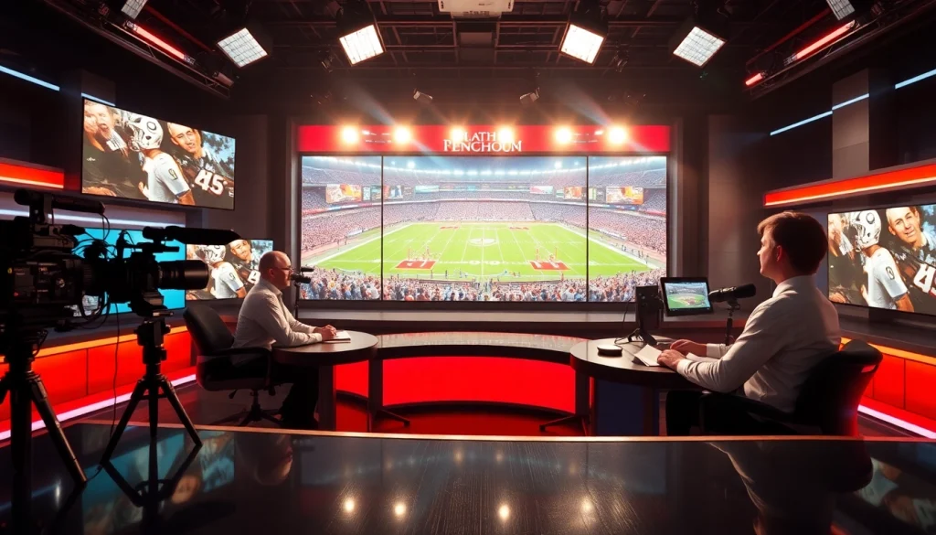 Anchor team delivering sports broadcasting highlights from a lively studio.