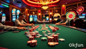 Experience the thrill of gambling at Okfun's vibrant casino with poker chips and tables filled with excitement.