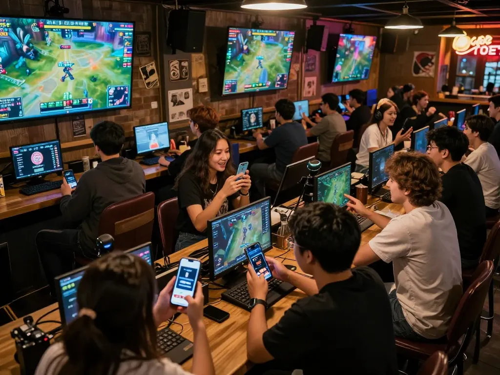 Fans excitedly using the TR88 betting app while watching esports matches in a sports bar