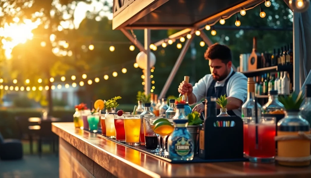Mobile bar service featuring colorful cocktails in a festive outdoor atmosphere.