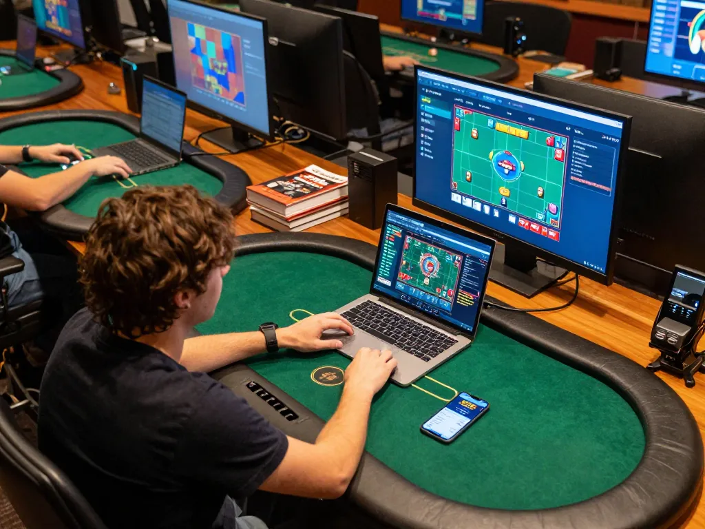 Engaged player on 78win.com during an online poker game with multiple screens