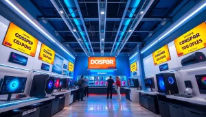 モダンな電子機器店の雰囲気の中で、ゲーミングPCとドスパラのクーポンオファーを紹介しています。