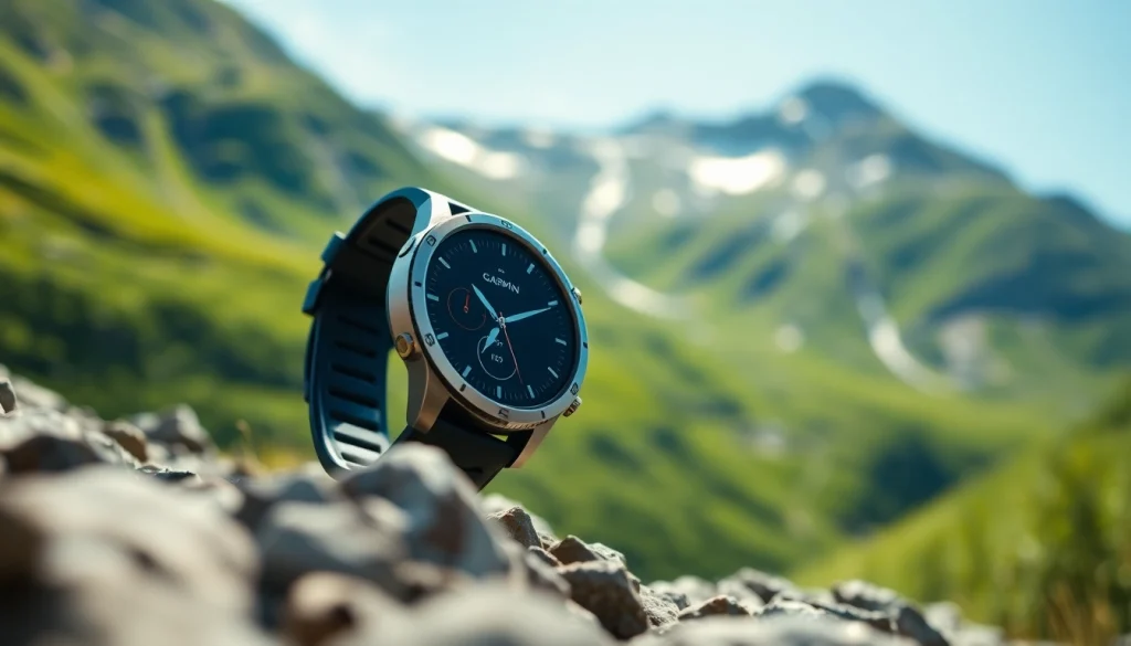 Garmin smartwatch displayed in a vibrant outdoor setting against a scenic mountain backdrop.