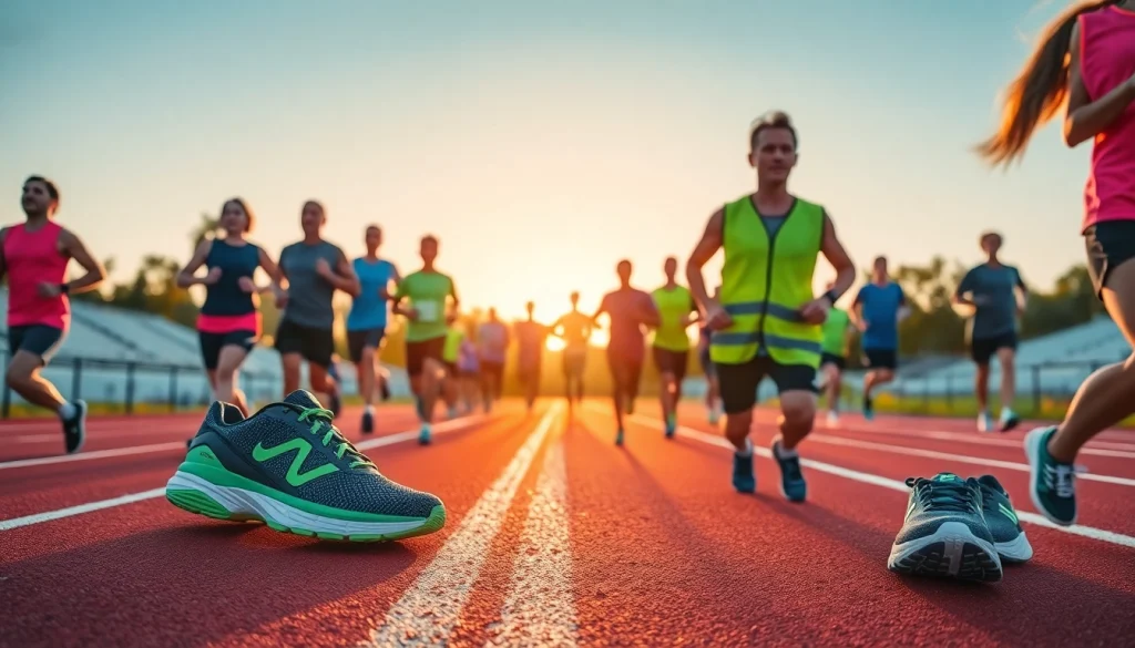 Showcasing high-performance running gear worn by diverse runners on a track.